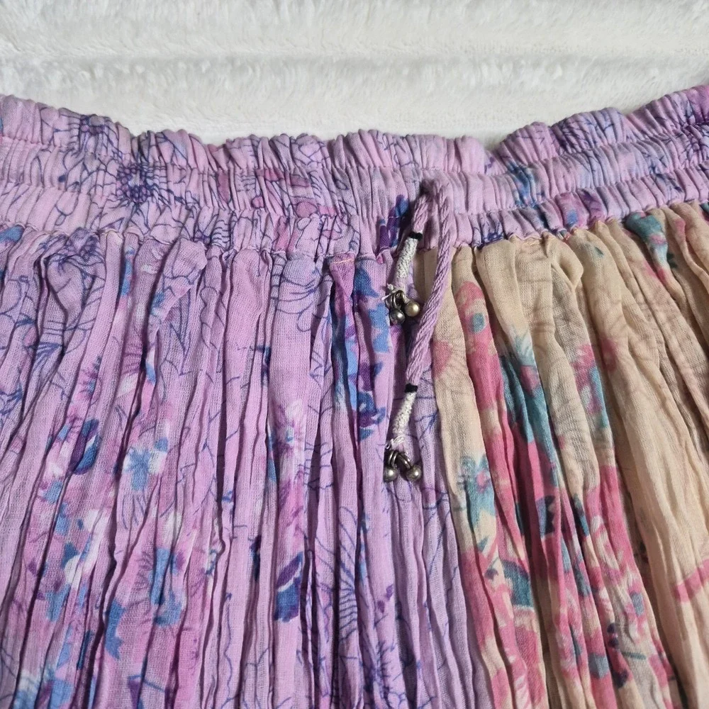 Boutique Floral Patchwork Cotton Crinkle Maxi Skirt Purple Pink XL One Size